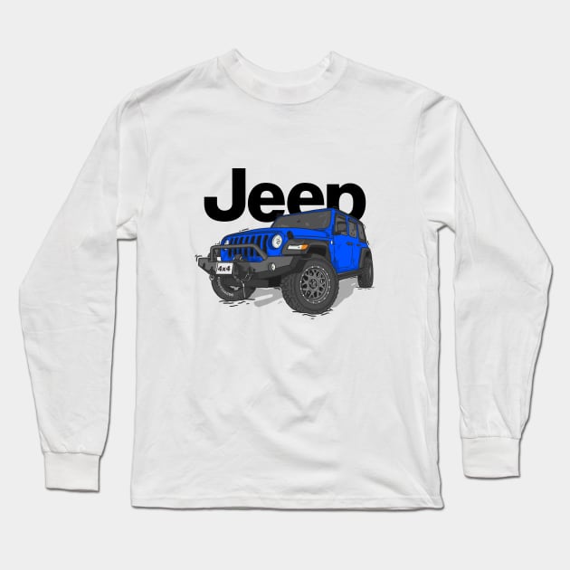 Blue Jeep Wrangler Rubicon Long Sleeve T-Shirt by 4x4 Sketch